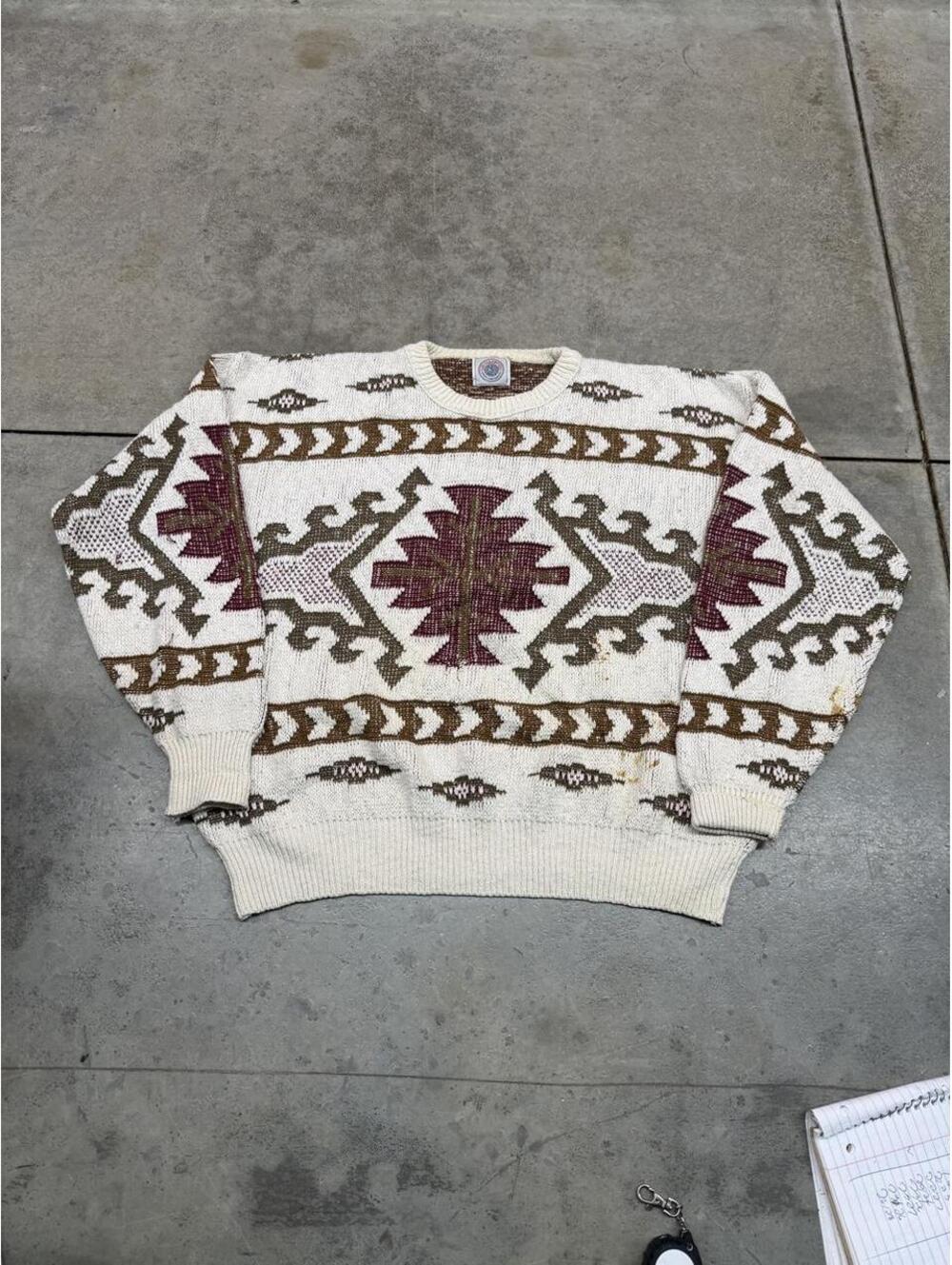 vintage cape isle knitters made in usa white tan and green knit sweater large